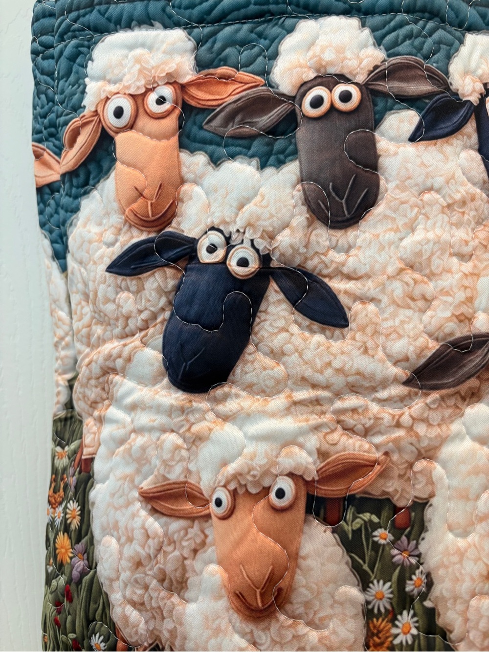 Quilted Sheep Appliqué Tote Bag in Teal and Cream - Picture 3 of 4